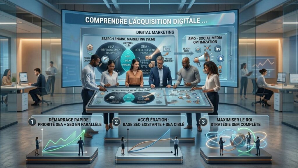 Infographie sur une stratégie digitale B2B montrant les différences entre SEO, SEA, SEM et SMO avec une équipe de marketeurs dans un bureau moderne.
