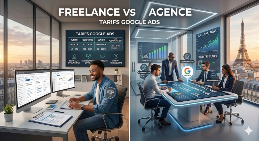 Infographie comparant les services et tarifs Google Ads entre un consultant freelance (à gauche) et une agence (à droite) dans un bureau avec vue sur Paris.