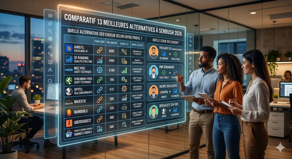 Infographie d'une équipe marketing analysant un comparatif des 13 meilleures alternatives à Semrush en 2026 sur un écran géant. L'écran liste des outils comme Ahrefs, SE Ranking, Moz Pro, Screaming Frog, SpyFu, Majestic, Mangools, Ubersuggest, Google Search Console, avec leurs points forts et les profils d'utilisateurs adaptés (PME, Freelance, Agence).