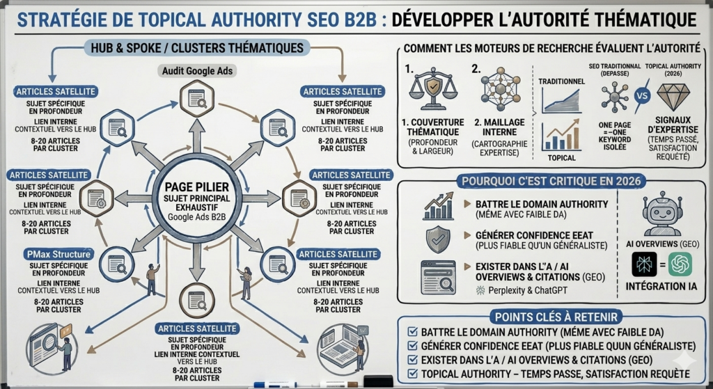 Infographie expliquant la Topical Authority SEO via une structure Hub and Spoke avec une page pilier centrale et des articles satellites interconnectés pour maximiser l'EEAT.