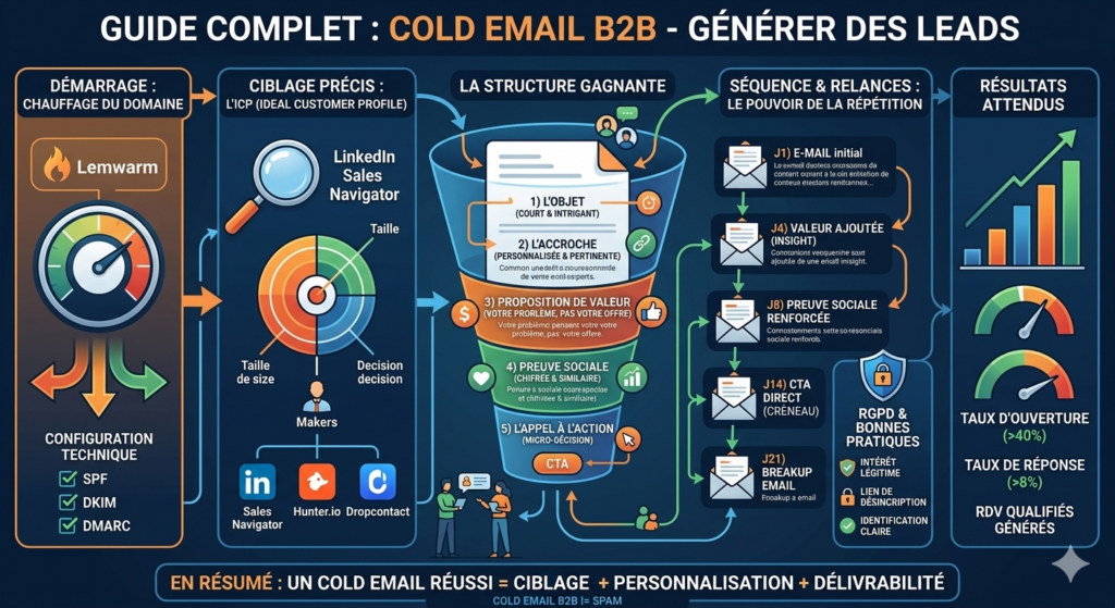 Infographie complète sur la stratégie de Cold Email B2B : du chauffage de domaine (Lemwarm) au ciblage ICP (LinkedIn Sales Navigator), jusqu'à la structure de l'email et la séquence de relances sur 21 jours.